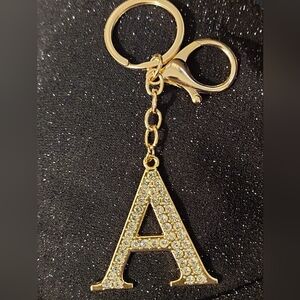 Gold Tone Allover Rhinestone Letter A Initial Bag Purse Charm Keychain N…